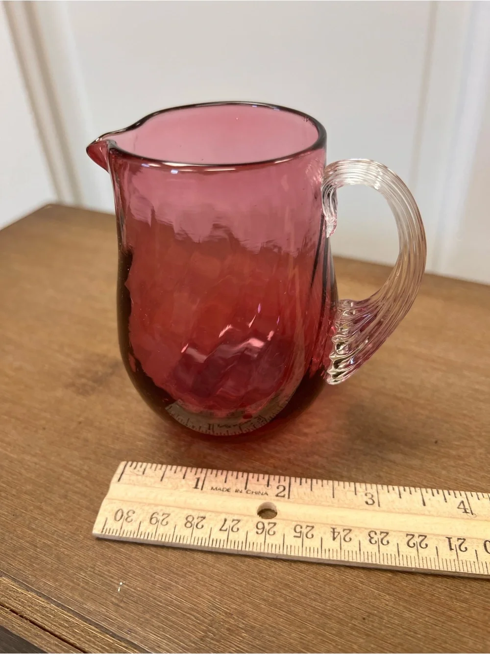 Handblown Cranberry Glass Creamer Pitcher with Clear Handle